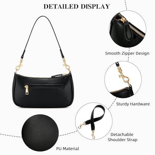 KKXIU Small Black Purse for Women, Cute Mini Shoulder Bag Zipper Closure | 2 Removable Straps, Retro Underarm Bags, Classic Crossbody Bag, Handbag for Women - color: Black
