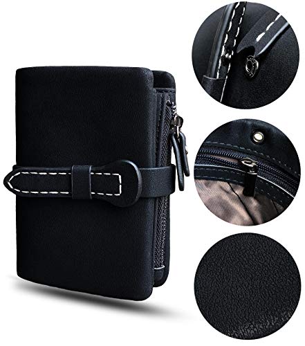 AOXONEL Women's Small Bifold Leather wallet Rfid blocking Ladies Wristlet with Card holder id window Coin Purse - color: Black3