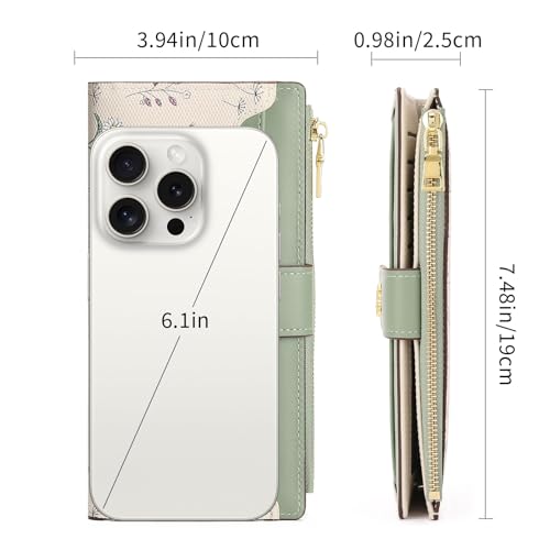 GAEKEAO Womens Wallet Slim Thin RFID Blocking Floral Vegan Leather Card Holder Bifold Long Ladies Wallet with Zipper Pocket - color: Green