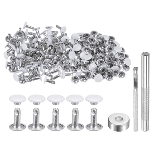 HARFINGTON 100 Sets Leather Rivets 8mm x 10mm Metal Double Cap Rivet Snaps Studs Fasteners with 3pcs Setting Tools Rivets for Leather Craft DIY Repair Decoration, White - color: White, size: 8mm x 10mm