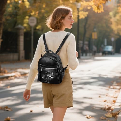 Mini Backpack Purse for Women,Vegan Leather Small Backpack for Daily | Embossed Lightweight Water-Resistance Travel Mini Fashion Daypack Bag,Ladies Casual Backpack Purse Gift Choice for Women - color: Black-flower
