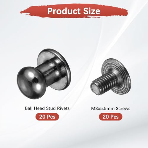 TIXIPEM 6mm Ball Head Stud Rivets Screw Back [20Pcs] - Metal Round Head Button Nipple Rivet Use for Bag & Belt & Handbag & Leather Craft & DIY Decoration - [Gun Black] - color: Gun Black, size: 6mm