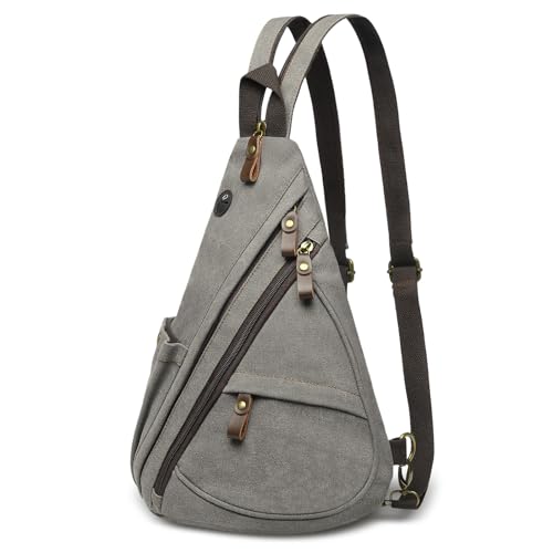 Canvas Sling Bag with Leather Zipper 3-in-1 Crossbody Backpack | Vintage Canvas Sling Bag for Women Men Convertible Cross Body Bag Multiple Zipper Pockets for Travel Daily Use - color: Gray