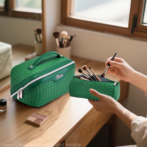 BOYATU Travel Makeup Bag Cosmetic Bags for Women: 3 Pcs Set Make up Bag | Large Capacity Waterproof Vegan Leather Organizer Bags with Compartments - Lay flat Toiletry with Handle (L38 Green) - color: L38 Green