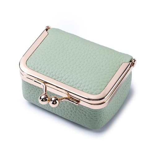 Genuine Leather Mini Jewelry Box & Coin Purse for Women, Travel Jewelry Case with Kiss Lock, Holds Earrings, Rings, Necklace, Bracelet, Coins (Green-L 2.95in) - color: Green - 2.95in