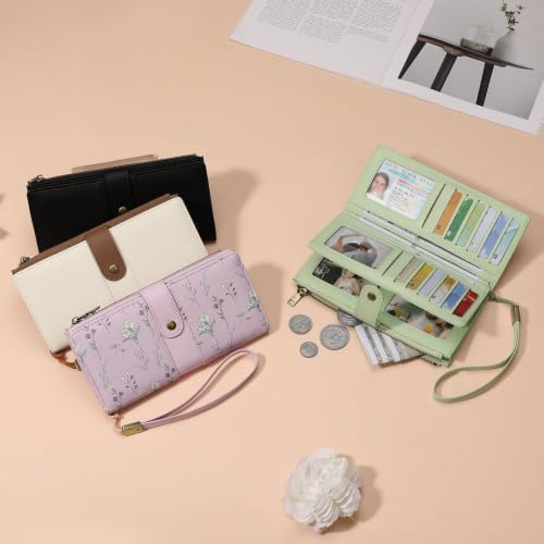 GAEKEAO Wallets for Women Leather RFID Blocking Large Capacity Card Case Ladies Wristlet Clutch Wallets Zipper Pocket with 4 ID Windows 21 Card Slots - color: Green