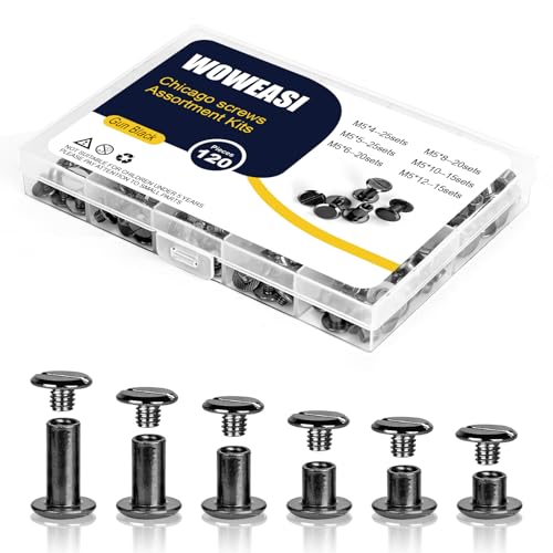 120sets Chicago Screws Kit, 6 Sizes Screw Rivets Gun Metal Chicago Binding Screws for DIY Repair Leather Craft Belt Bag Shoes Purse Bookbinding (M5*4,5,6,8,10,12) (Gunblack) - color: Gunblack