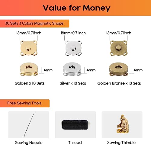 30Sets Magnetic Snaps, Magnetic Snaps for Purses with Sewing Accessories - Magnetic Purses Closure Snap Clasps for Sewing DIY Craft, Purses, Bags, Clothes, Leather Projects(18MM-3Color) - color: 30Sets 18mm Sewing