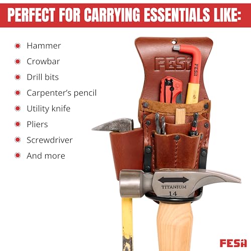FESA Tool Belt Hammer Holder - Leather Multitool, Pliers & Hammer Holster with Pockets for Drill Bits or Markers - Heavy Duty Small Tool Pouch for Carpenters - Clip On Any Belt - Handcrafted - color: Cherry