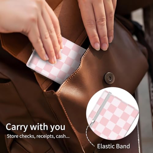Checkbook Cover for Personal Checkbook, Cute Pu Leather Check Book for Women & Men, Slim Checkbook Holder with Pen Holder and Built-in Clear Plastic Divider, Pink Checker - color: Pink Checker