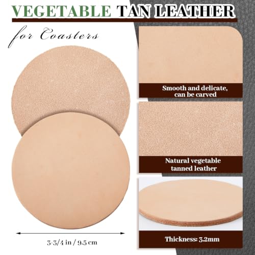Bulyoou 50 Pcs Round Vegetable Tan Leather Coaster 3-3/4" Circular Tooling | Veg Tan Leather for Crafts, Blank Laser Engraving Coasters Tooling Stamping Carving, Thickness 3.2 mm - color: Tan, size: 3-3/4 Inches