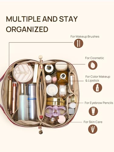 Telena Leather Make Up Bag Portable Travel Makeup Bag Waterproof | Cosmetic Bags for Women Large Capacity With Handle and Divider Open Lay Flat - color: 0-Red with Brown