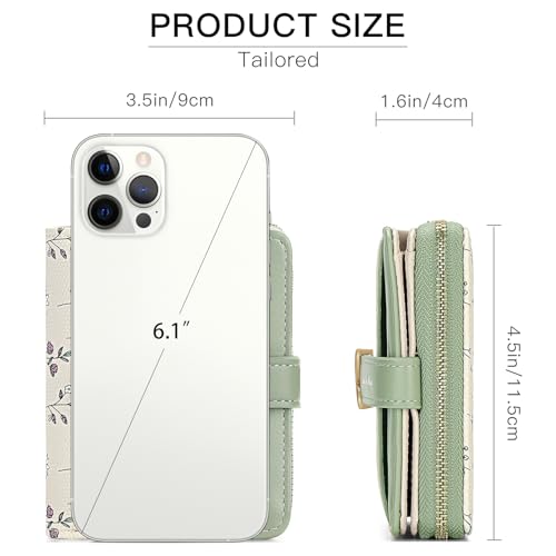 GAEKEAO Small Wallets Woman RFID Blocking Vegan Leather Bifold Floral Ladies Purse Card Holder with Zipper Pocket ID Window - color: Z-Green