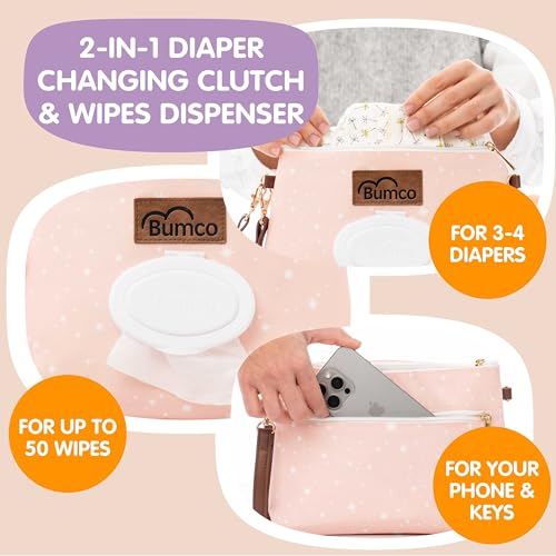 Bumco Portable Diaper Clutch Bag with Built-In Baby Wipes Dispenser | Airtight refillable wet wipes dispenser container. Portable travel pouch holder for quick baby cleanups on the go. - color: Dusty Pink