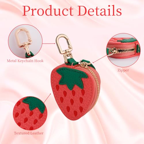 Fruit Coin Purse Bag Charm Keychain, Mini Charm Kawaii Leather Coin Purse Pouch Holder for Airtag Handbag Tote Wallet - color: Strawberry