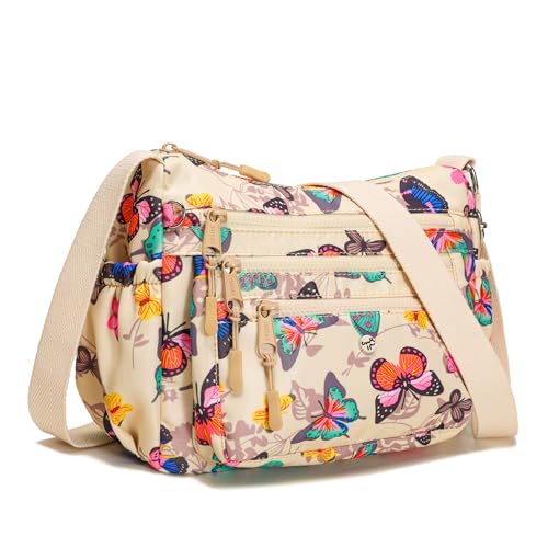 AOCINA Nylon Crossbody Bags for Women Multi Pocket Cross Body Purses - color: Beige Butterfly, size: Small