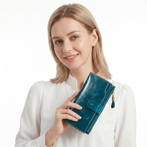 YALUXE Women's RFID Real Leather Wallet with 21 Card Slots Phone Pocket - color: 4- Waxed Greenish Blue, size: Genuine Leather