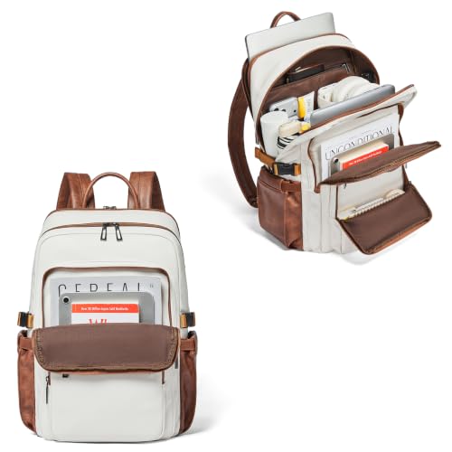 Leather Laptop Backpack for Women Fits 17" Laptop, with RFID Wristlet Purse - color: Beige