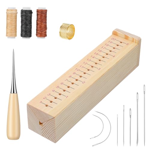 Wood Bookbinding Punching Cradle with Awl, Complete Book Binding Kit with Piercing Guide, Thimble, Rings, Needles and Thread Used for Bookbinding Hole Punching Tools, Sturdy and Durable