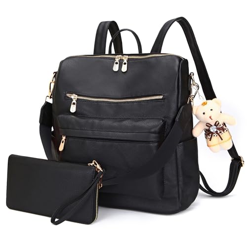 Soperwillton Women Backpack Purse Shoulder Handbags Travel Bag Set 2pcs | Soft PU Leather,Large Capacity,Many Pockets,with a Functional Wallet,with a Detachable Shoulder Strap,Multipurpose Design - color: Z-black