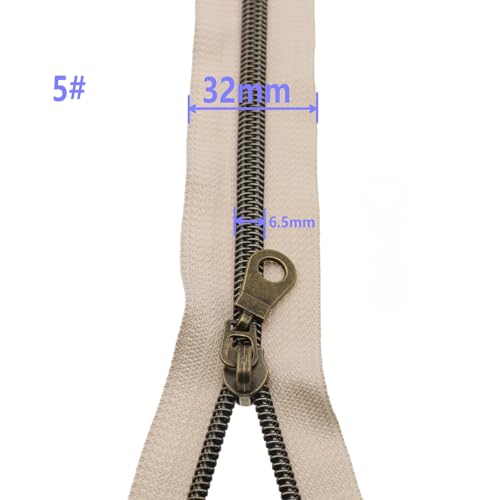 #5 Brass Zipper Bulk 5 Yards Beige Zipper Tape 10pcs Brass Pulls Slider - color: Beige-brass