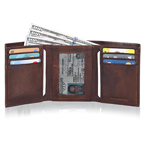 Trifold Leather Wallet for Men - RFID Slim Minimalist Front Pocket 6 Slots - color: Wash Brown