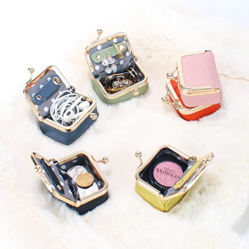 Genuine Leather Mini Jewelry Box Coin Purse for Women,Solid Color Kiss Lock Jewelry Case Organizer,Mini Travel Ring Box - color: Blue