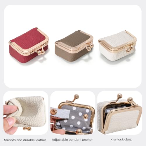 Genuine Leather Mini Jewelry Box Coin Purse for Women,Solid Color Kiss Lock Jewelry Case Organizer,Mini Travel Ring Box - color: White