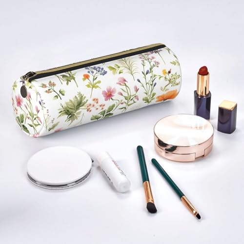 OSAM SPACE Leather Pencil Case Round Pencil Bag Flowers Plant Art Pen Organizer Holder Portable Zipper Pouch Cute School Supplies for Girls Boys Study Office - color: Flowers Plant Art