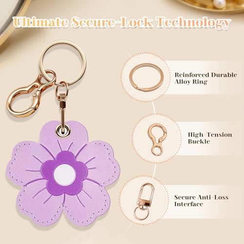 Leather Keychain Holder for AirTag, Floral Protective Case, 2 Pack - color: Pink, Purple, size: 2 Pack