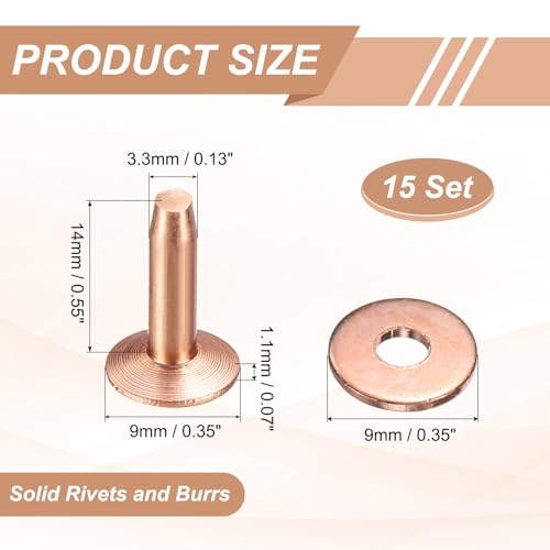 HARFINGTON 15Set Copper Rivets and Burrs Washers 9x3.3x14mm Dimpled Finish Solid Leather Rivet Fastener Studs Posts for Leather DIY Craft Belts Wallets Collars, Copper Tone - color: Copper Tone, size: 9x3.3x14mm