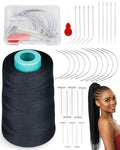 FIVEIZERO 900yd Black Sew in Hair Extension Thread and 30pcs T/C/J/I Needle | 1Roll Hair Thread;4-ply polyester weaving thread;Hair Weave Threads for Hair Extensions,Hand Sewing & Making Wigs DIY - color: 900yd-black