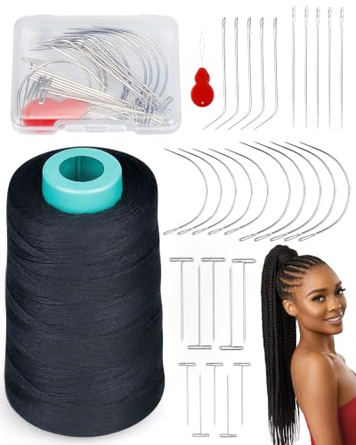 FIVEIZERO 900yd Black Sew in Hair Extension Thread and 30pcs T/C/J/I Needle | 1Roll Hair Thread;4-ply polyester weaving thread;Hair Weave Threads for Hair Extensions,Hand Sewing & Making Wigs DIY - color: 900yd-black