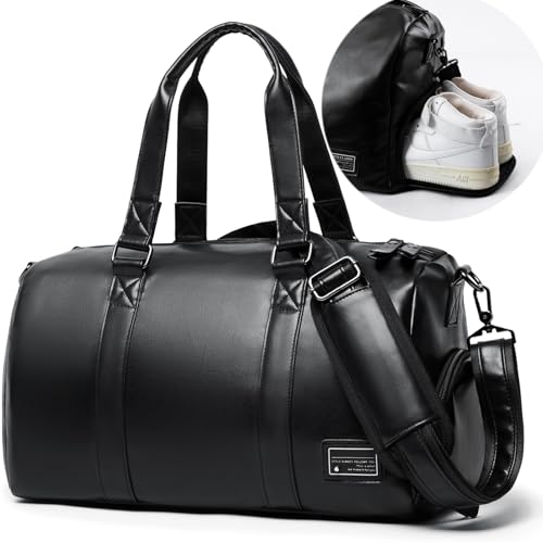 Leather Gym Fitness Bag for Men Women with Shoe Compartment 20L PU Leather Weekender Travel Duffel Bag Waterproof Overnight Gym Sports Carry-On Bag Black - size: Middle Upgrade A