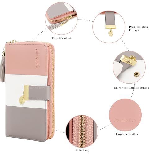 Pomelo Best Womens Wallet Bifold Rfid Blocking Multi Card Holder | Large Capacity, 11 Card Slots, 3 Receipt Pockets, 2 Cash Compartments, Zipper Coin Pocket, Id Window, Soft Leather - color: Pink/White/Grey