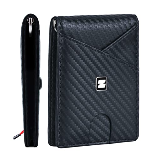 Genuine Leather Slim Carbon Fiber Wallet for Men – Front Pocket Large Capacity Minimalist RFID Card Holder Bifold Wallet With Detachable Money Clip, 8 Slots, ID Window & Release Strap – Blue - color: Blue