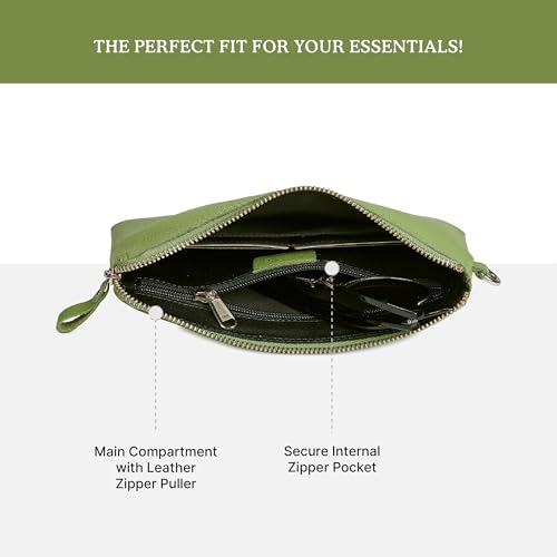 Leather Wristlet Wallet for Women Clutch Handbag Purse with Cell Phone Slot | Genuine Top Grain Leather, 8 Credit Card Slots, Detachable Strap, YKK Zipper, Gifts for Women - color: Sage Nappa