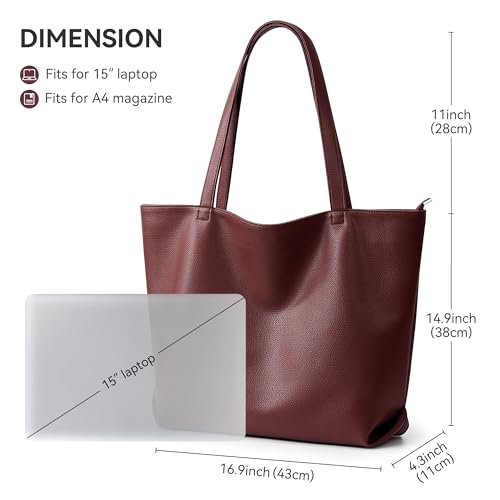 WLLWOO Soft Vegan Leather Tote Bag for Women Large Hobo Zipper Purse | Casual Shoulder Handbags Carryall for Work Daily Weekender Travel Commute - color: Dark Red