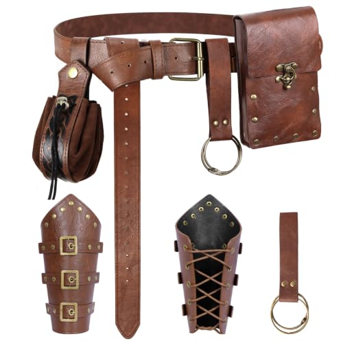 7PCS Renaissance Accessories Set | Including Medieval Belt with Belt Pouch, Coin Pouch, Leather Bracers & O-Ring Hangers for Halloween, LARP, Viking & Cosplay - color: Brown