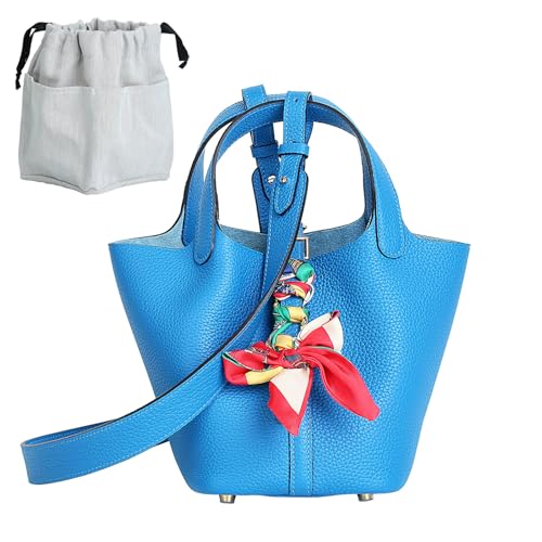Genuine Leather Bucket Bag with Shoulder Strap, Organizer Insert & Silk Scarf for Women Handbag Tote Bag - color: Electric Blue-gold