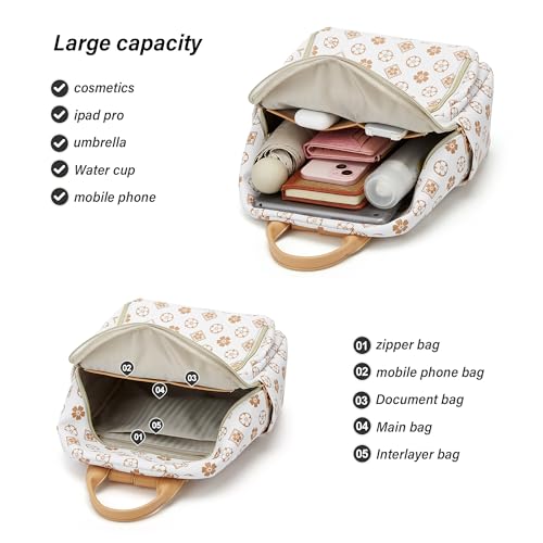 Makes Mini Backpack for Women, Small Casual Backpacks Daily Travel Bag 2pcs | Small Bookbag,Work Travel School PU Leather Shoulder Bag Mochilas Para Mujer Rucksack Gifts for Lady Girls Mother Wife - color: Beige Flower