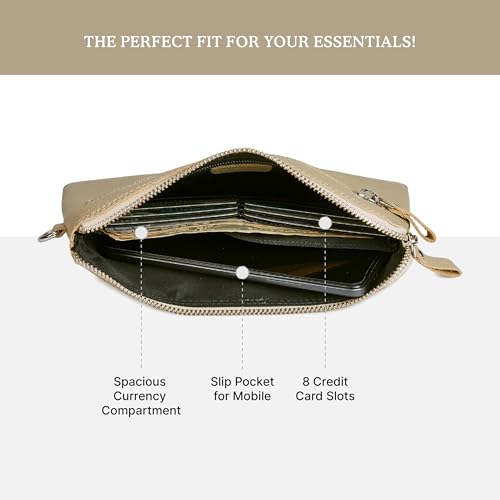Leather Wristlet Wallet for Women Clutch Handbag Purse with Cell Phone Slot | Genuine Top Grain Leather, 8 Credit Card Slots, Detachable Strap, YKK Zipper, Gifts for Women - color: Beige Nappa