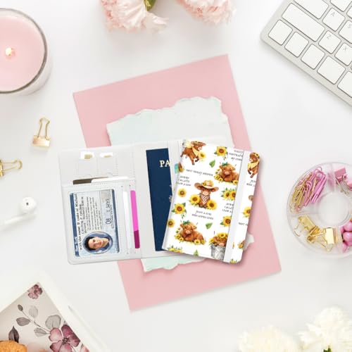PU Leather Passport Holder Cover 5.9×4.3 Inch with Credit Card Slot Boarding Pass Slot Combo Blocking Passport Holder Wallet Cover Case for Travel Boarding Essentials(Sunflower Cow) - color: Sunflower Highland Cow
