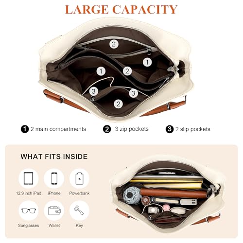 Genuine Leather Pueses for Women Large Hobo Bags Muti Pockets | Crossbody Tote Bags with Top Handles, Key Leash, Adjustable Straps for Shoulder/Handbags/Tote, Daily - color: 05-beige/Brown