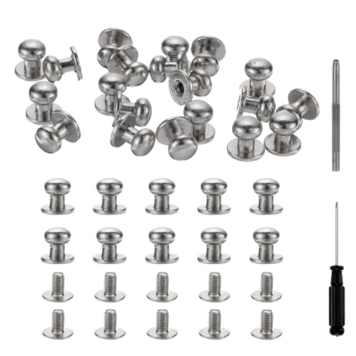 HARFINGTON 30 Sets Round Head Button Studs Screw 7mm Alloy Leather Rivets with Hollow Punch Screwdriver for Repair and Decorate Fabric Clothing Shoes Bags DIY, Silvery White - color: Silvery White, size: 7mm