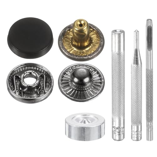 HARFINGTON 24Set Leather Snaps Fasteners Kit 10mm Dia Brass Press-Stud Cap Button 2.76" Length Metal Snap Buttons with 4 Install Tools for Coat Bag Leather Marine Boat Canvas, Matte Black - color: Matte Black