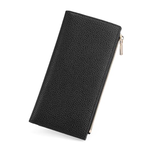 GOIACII Slim Wallet for Women Rfid Blocking Credit Card Holder with Zip Pocket Bifold Vegan Pebble Leather Black - color: C02 Black