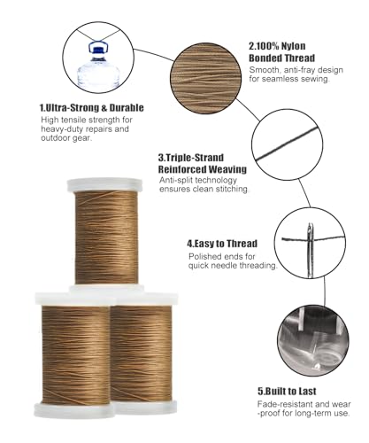 Heavy Duty Upholstery Thread,3 Spools Durable Bonded Nylon, High-Strength & Fade-Resistant, 218 Yds/Spool for Sewing Machines, Leather, Denim, DIY Crafts | Khaki - color: Khaki