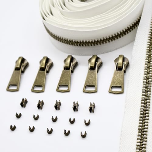 #8 Heavy Duty Metal Zipper by the Yard 3 Yards with 5 Sliders 10 Top Stops and 5 Bottom Stops for Tents Backpacks Outdoor Gear Cushion Covers DIY Pouches and Home Decor(White//Copper Teeth) - color: White//Copper Teeth
