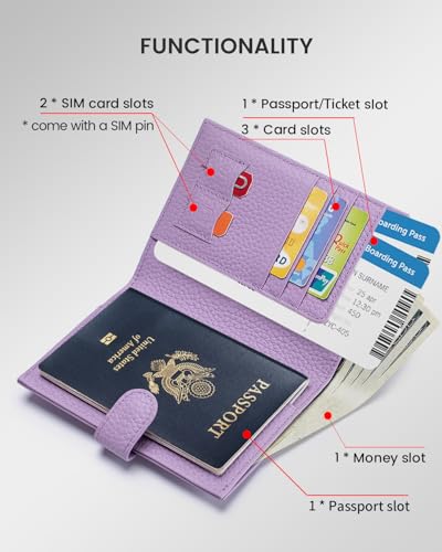 Karmiir RFID Passport Holder Travel Wallet for Women, Leather Passport Cover Wallet with Card Holders SIM Slots,Zippered Coins Pocket and Cash Slot Slim Compact Travel Wallet (Taro Purple) - color: Light Purple